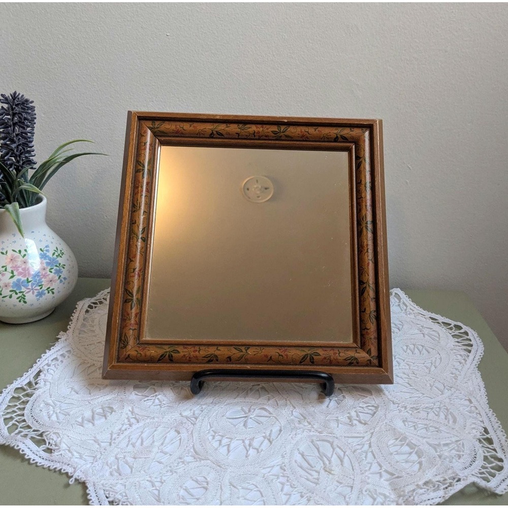 Vintage Square Wall Mirror with Floral Wood Frame, Small Cottagecore Mirror